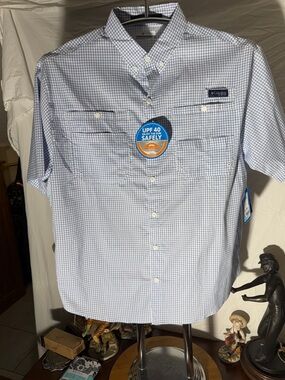 Columbia Blue and White Check Short-Sleeve Button-Down Shirt